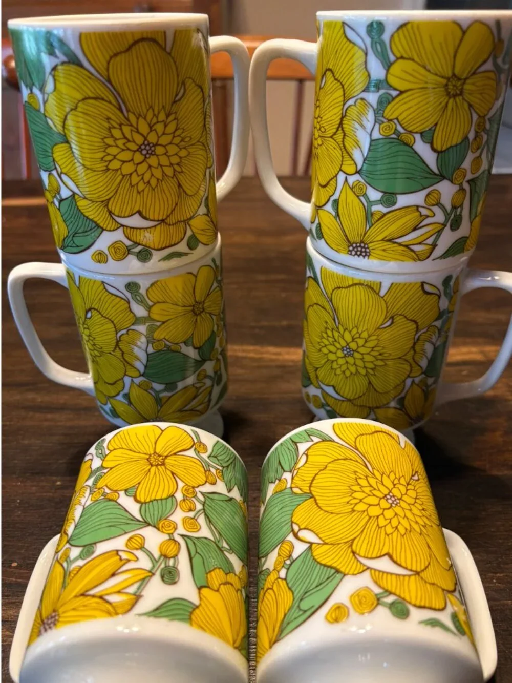 Vintage 1970s Goodwood Japan Yellow Floral Pedestal Mugs